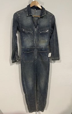 Macacão jeans stretch Free People feminino tamanho S acabamento azul sujo - Imagem 1 de 4