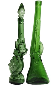 Empoli Italy Glass Guns Green Hand Whiskey Decanters 16" Tall Rare Vintage Finds - Picture 1 of 24