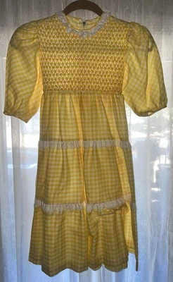 Vintage Polly Flinders Hand-Smocked Dress – Yellow Gingham, Lace & Smocking Sz 8 - Image 1 of 4