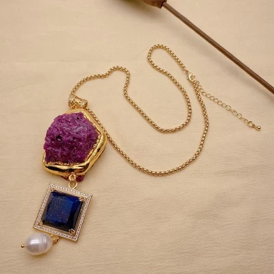 34x40mm Red Ruby Rough  25mm Blue Lapis  White Pearl Gold Plated Chain Necklace - Image 1 of 4