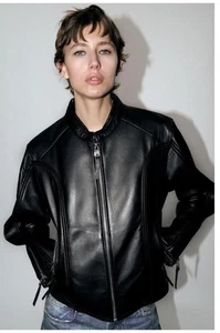 ZARA Leather Moto Jacket Black Medium Runs Big NWT Streetwear Bikercore - Picture 1 of 10