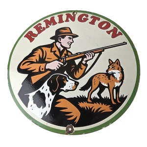 Vintage Remington Schusswaffen Schild - Hunde Jagd Zapfsäule Porzellan Händlerschild - Bild 1 von 14