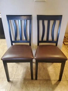 READY TO SHIP Dining Room Chairs 2 Set Antique Black Wood w/ Cherry Faux Leather - Picture 1 of 7