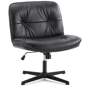 Leather Criss Cross Chair Legged Swivel Vanity Chair Wide Armless Office Chair - Picture 1 of 23