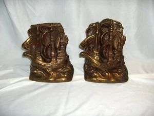 Vintage Bronze Finish Metal Sailing Ships Schooner Book Ends Bookends NICE - Picture 1 of 7