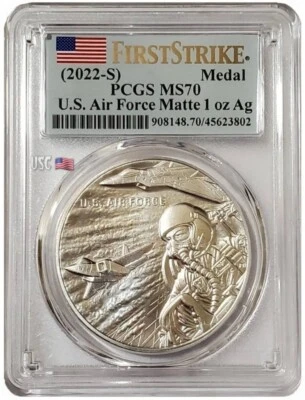 2022-S 1 Oz Silver F-22 U.S AIR FORCE PCGS MS70 First Strike Medal. - Image 1 of 4