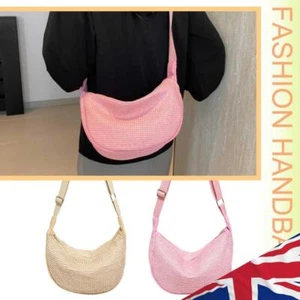 Women Straw Woven Shoulder Bag Casual Crescent Crossbody Bag for Party Vacation - Picture 1 of 18