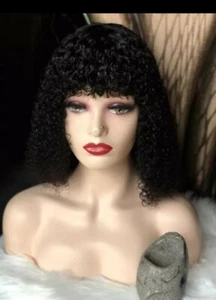 Handmade 100% brazilian Virgin Hair curly fringe front bob wig with closure - Picture 1 of 3