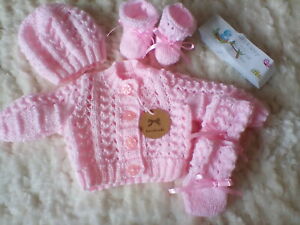 Hand Knitted Pink Baby Set: Cardigan, Hat, Bootees & Mittens - size newborn