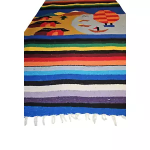 Mexican Southwest Adobe Balloon Motif Stripes Tassel Blanket Serape Tapestry Rug - Picture 1 of 14