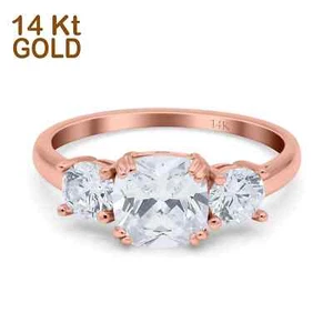 14K Rose Gold Cushion Three Stone Wedding Engagement Ring Simulated CZ - Picture 1 of 2