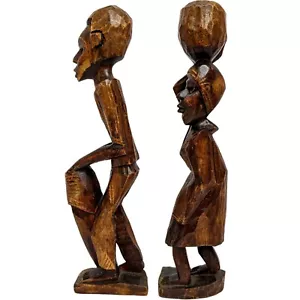 Uomo in legno intagliato haitiano africano nigeriano con batteria, donna con cesto circa 12" - Foto 1 di 9