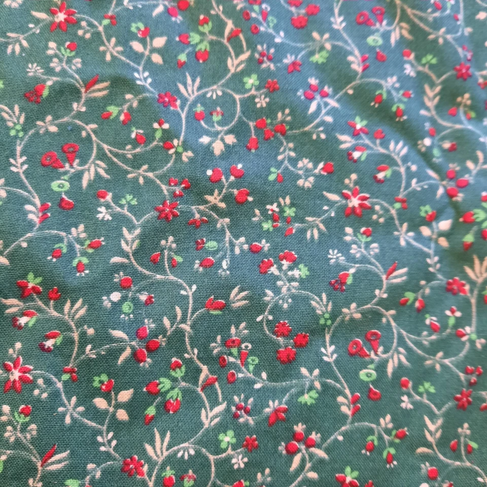 Green Red Tan Small Floral Vine Fabric Concord Fabrics 42" x 71" Cotton - Image 1 of 4