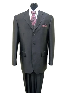 Men's 3 Button Sharkskin Look Wool Feel Suit 58025 Black, Navy, Silver - Picture 1 of 8