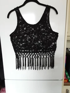 Unworn Ladies Black Lacey Crop Top With Fringing Detail Size 12 From New Look - Picture 1 of 5