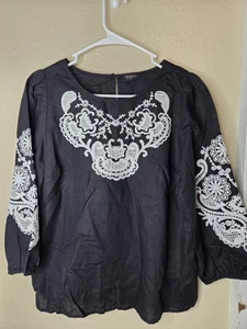 Talbots Petite Pm schwarz Leinen Baumwolle bestickt Boho Bauern Bluse Top - Bild 1 von 8