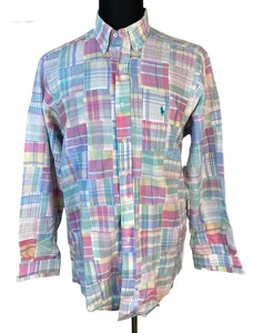 Vintage Polo Ralph Lauren Shirt Mens Large Patchwork Madras Plaid Button Down - Picture 1 of 12