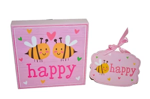 Set 2 Bee Happy Wood Sign Decor Wooden Wall Art Box Art - Picture 1 of 8