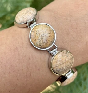 White Gold Plated Bracelet Bangle Jewelry, German Silver, Picture Jasper, 7 inch - Picture 1 of 7