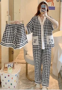 100 Cotton Pajamas 3 Piece Set Women Houndstooth Short Sleeve Pant Shorts XXL - Picture 1 of 5
