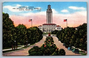 Linen Postcard Austin Texas University Avenue Tower Flags Old Cars Posted 1946 - Picture 1 of 2
