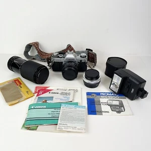 CANON AE-1 35MM CAMERA w/ 2 LENS: 50mm, ZOOM Lens, Manual, Flash & Converter - Picture 1 of 24