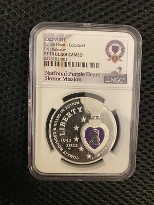 2022 W PROOF SILVER COLORIZED PURPLE HEART DOLLAR NGC PF70 FIRST RELEASE - Image 1 of 2