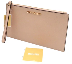 MICHAEL KORS MK Jet Set LG Zip CLUTCH Wrist-let Wallet Ballet Pink Leather Gold - Picture 1 of 11