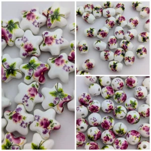 Ceramic Beads, Violet Floral Design, 3 Choices, Star, Round, Oval - Picture 1 of 7