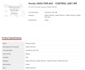 39450-THR-A014-M1 OEM 2018-2019 HONDA ODYSSEY CONTROL UNIT ENTERTAINMENT SYSTEM - Picture 1 of 3