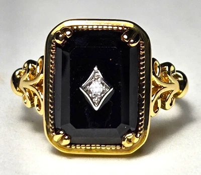 Vintage Style Gorgeous Golden Filigree Black Emerald Cut Stone & CZ Center Ring - Image 1 of 4