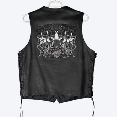 Xelement Mens XXL Tall Reflective Flames Black Leather Motorcycle Vest Skulls - Image 1 of 4