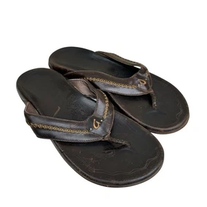 Olukai Mea Ola Brown Leather Flip Flop Thong Sandals Men’s Size 11 - Picture 1 of 8