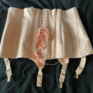 French 1950s Boned Boxed UNWORN Pink Girdle Corset Brocade Elastic SZ M/L - Picture 1 of 12