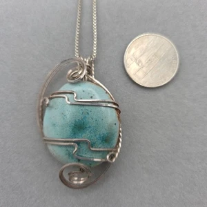 Handgefertigter Sterling Anhänger oval blau türkis Kachel Draht umwickelt 12" Halskette - Bild 1 von 6