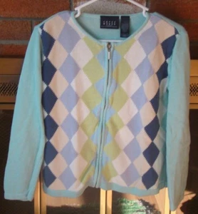 Women's size Small Crazy Horse blue and green printed zip-up cardigan - Picture 1 of 3