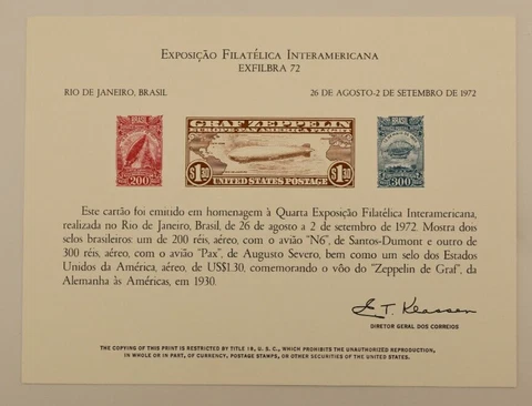 Engraved Reproduction Souvenir Card Graf Zeppelin Portuguese EXFILBRA '72 Brazil Cover