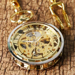 Men's Mechanical Pocket Watch Hand Winding Open Face Golden Pendant Chain Gifts