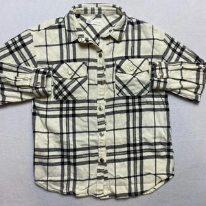 Zara Shirt Girls 9 White 3/4 Sleeve White Plaid Flannel Oversized Button Up - Picture 1 of 10