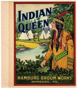 ETIQUETA ESCOBA ORIGINAL VINTAGE AÑOS 30 ESCASO TIPI REINA INDIA NATIVA AMERICANA B - Imagen 1 de 1