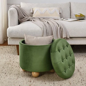 Reposapiés otomano de almacenamiento redondo con botones de franela de 18,7" mesa de centro patas de madera verde - Imagen 1 de 12