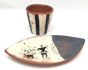 Taza y plato guerrero vintage MCM Ron Scharf cerámica a rayas años 50 firmado - Imagen 1 de 6