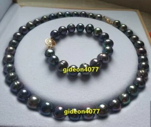 BAROQUE 10-11mm AAA+ BLACK GREEN Tahitian PEARL NECKLACE 18" Bracelet 7.5-8" 14K - Picture 1 of 4