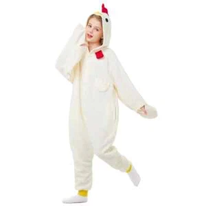 Kids White Chicken Costumes Unisex One-piece Pajamas Halloween Cosplay Sleepwear - Picture 1 of 14