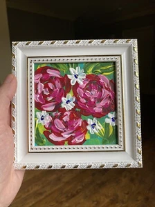 Blumen, Gänseblümchen, Rose Original Acryl Gemälde auf Leinwand Tafel, 4/4 gerahmt - Bild 1 von 4