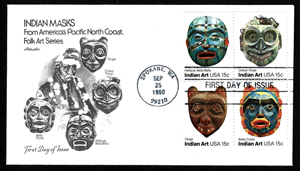 USA, SCOTT # 1834-1837, ARTMASTER FDC COVER - INDIAN MASKS & FOLK ART, YEAR 1980 - Image 1 of 1