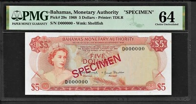 Bahamas p-29, UNC, 5 Dollars, 1968, SPECIMEN !! PMG Graded 64 - Image 1 of 2