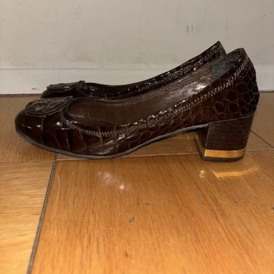 Tory Burch Amy Croc Block Heels Brown Animal Print Gold Trim  Leather Sz 7 - Image 1 of 4