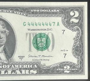 (NEAR SOLID!) $2 UNC Rare Binary 7 In A Row Fancy Serial Number G44444447A - Picture 1 of 3
