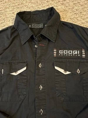 Camisa de vestir de diseñador Coogi de manga larga con botones parches con logotipo negra XL Foto 1 de 4